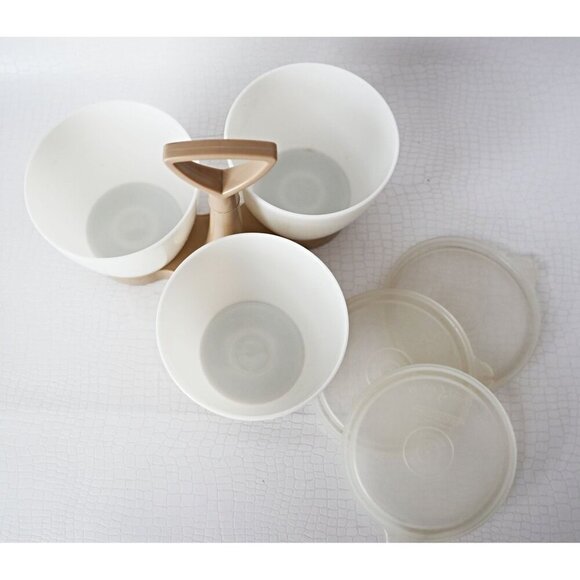 Vintage Tupperware Serve ‘n Store 3-pc Condiment Set with Caddy Carrier Almond - Picture 4 of 5